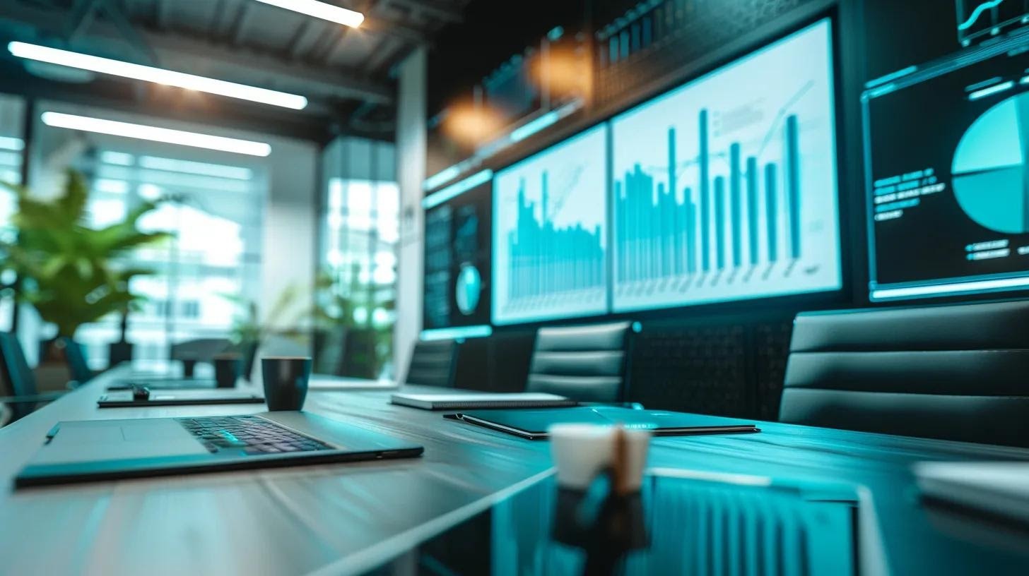 a sleek, modern office conference room features a large digital display showcasing a detailed cost analysis chart of various pool decking materials, with an elegant wooden table and minimalist decor enhancing the professional atmosphere.