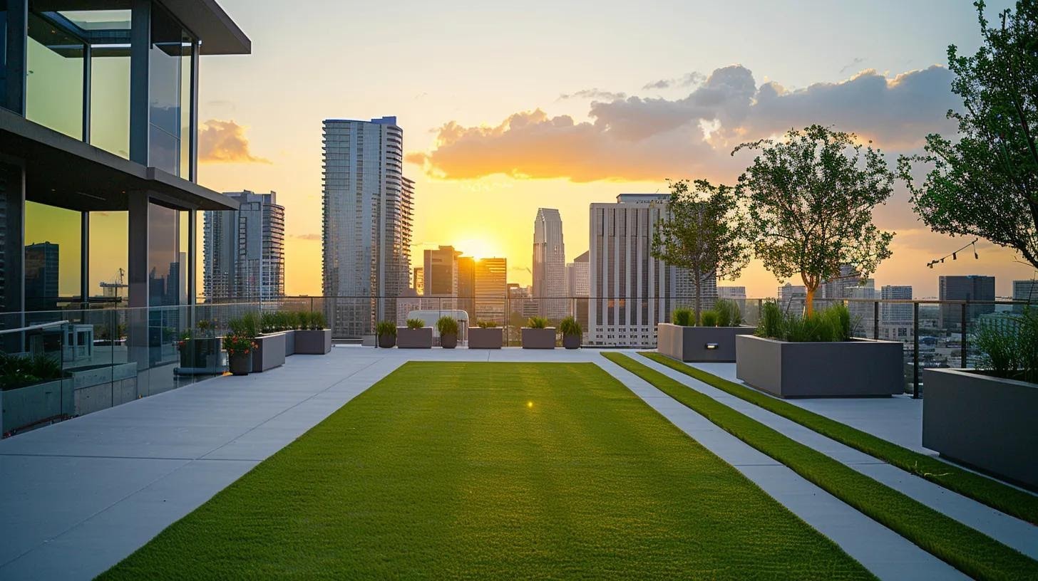 a sleek urban rooftop featuring vibrant, lush artificial turf contrasted against the backdrop of a modern skyline, emphasizing the theme of water conservation in an innovative and water-conscious environment.