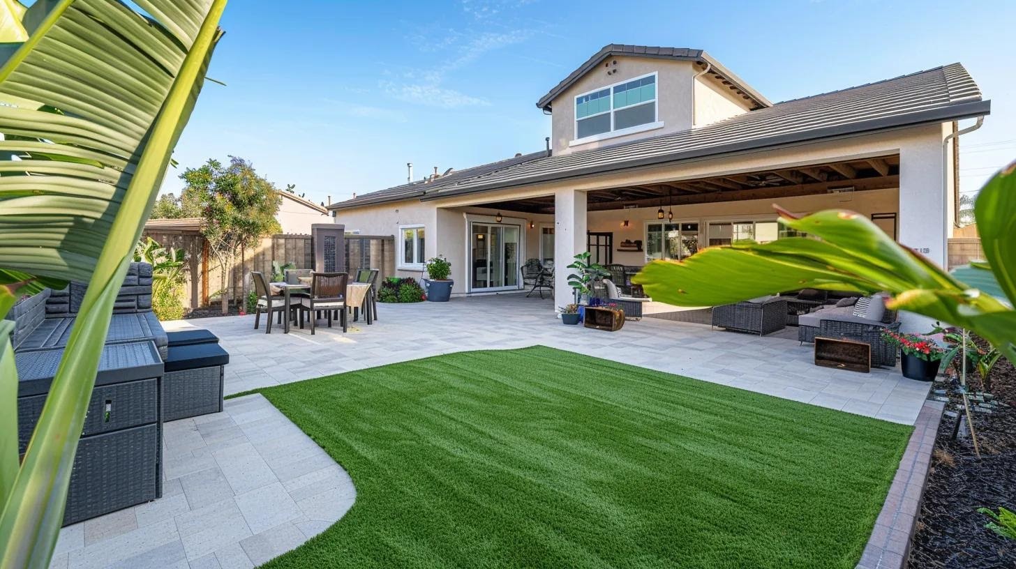 a vibrant, meticulously maintained residential backyard featuring lush artificial turf, surrounded by modern landscaping elements and outdoor furniture, signifying sustainable living and effortless lawn care.