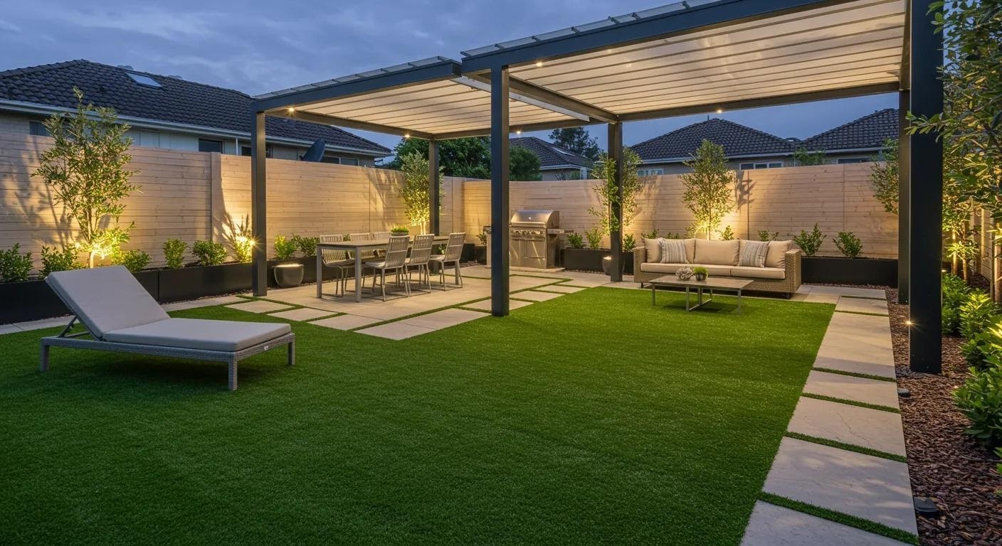 a modern backyard features impeccably maintained artificial turf, inviting relaxation with sleek outdoor furniture under a stylish pergola, showcasing the ease of lawn care and a luxurious lifestyle.