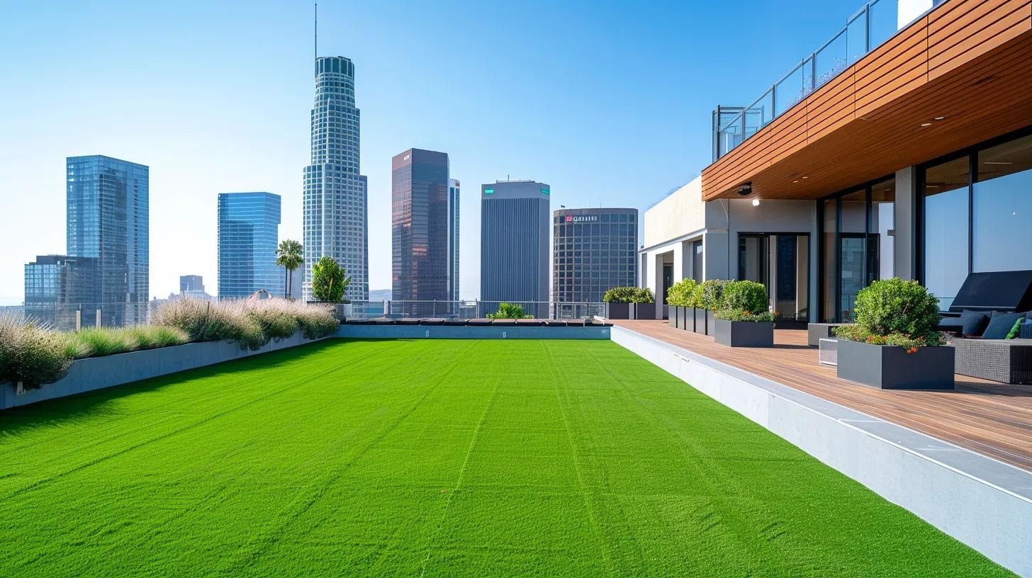 a sleek, modern urban rooftop terrace showcases meticulous synthetic turf, vibrant and perfectly manicured, contrasting against a backdrop of stunning city skyscrapers under a clear blue sky.