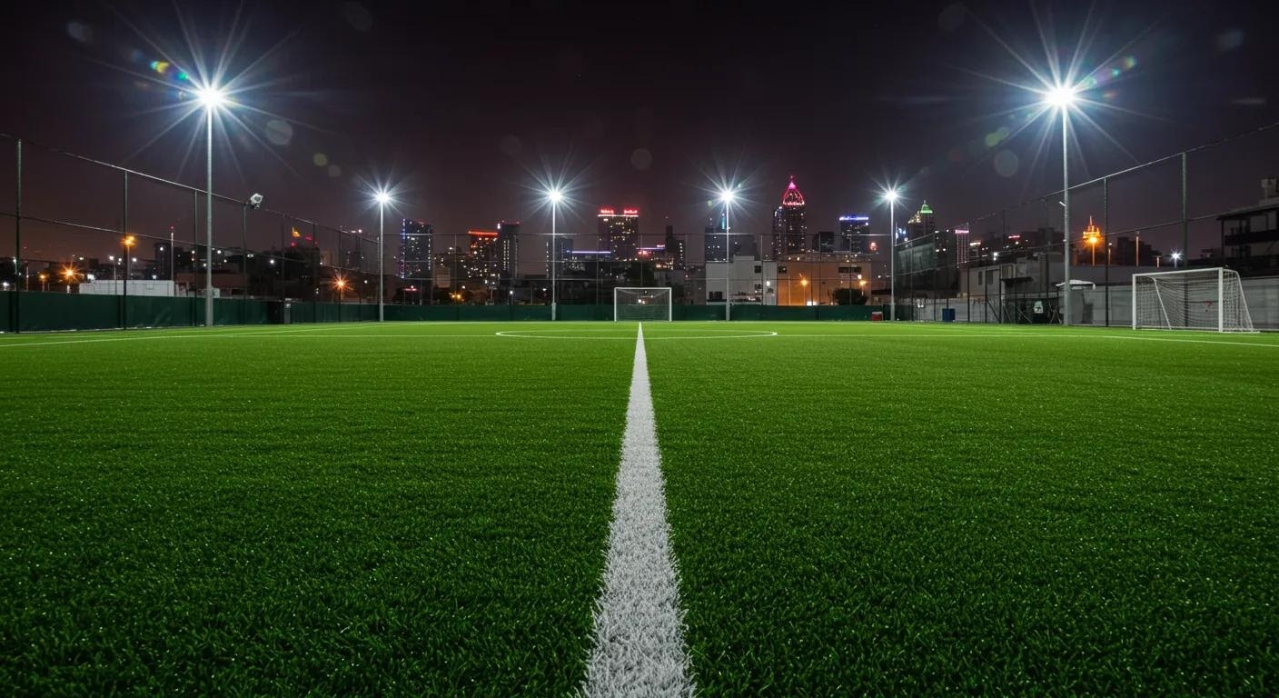 a sleek, modern sports facility showcases a pristine expanse of synthetic grass, glistening under vibrant artificial lights, emphasizing its durability and resilience against the backdrop of an energetic urban skyline.