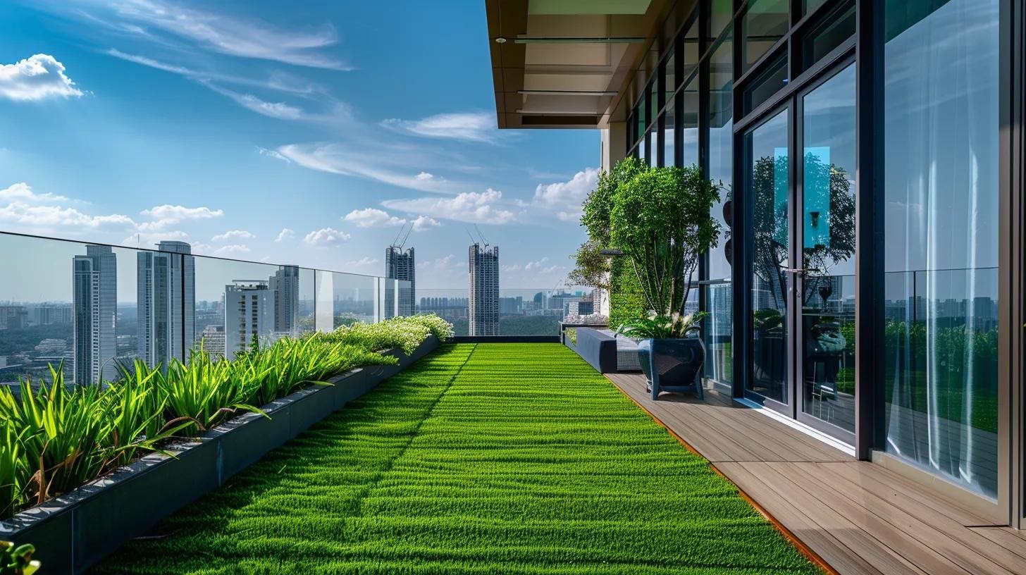 a sleek, modern office setting showcases a vibrant, meticulously maintained artificial lawn on a rooftop terrace, highlighting the contrast between traditional greenery and innovative synthetic solutions for long-term financial savings.