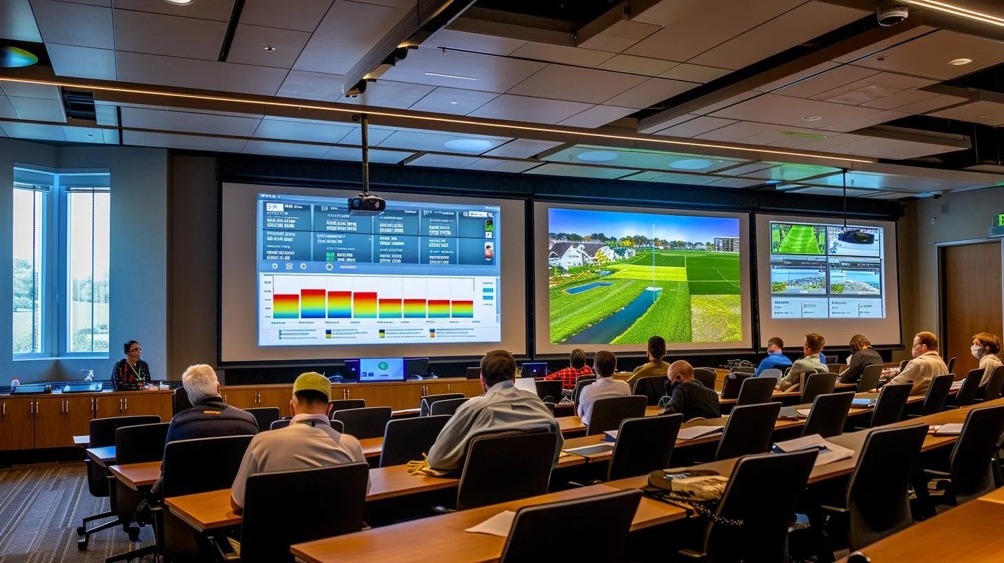 a modern conference room filled with local contractors discussing climate impact on turf performance, showcasing a large digital screen displaying regional weather data and vibrant turf samples under bright led lighting.
