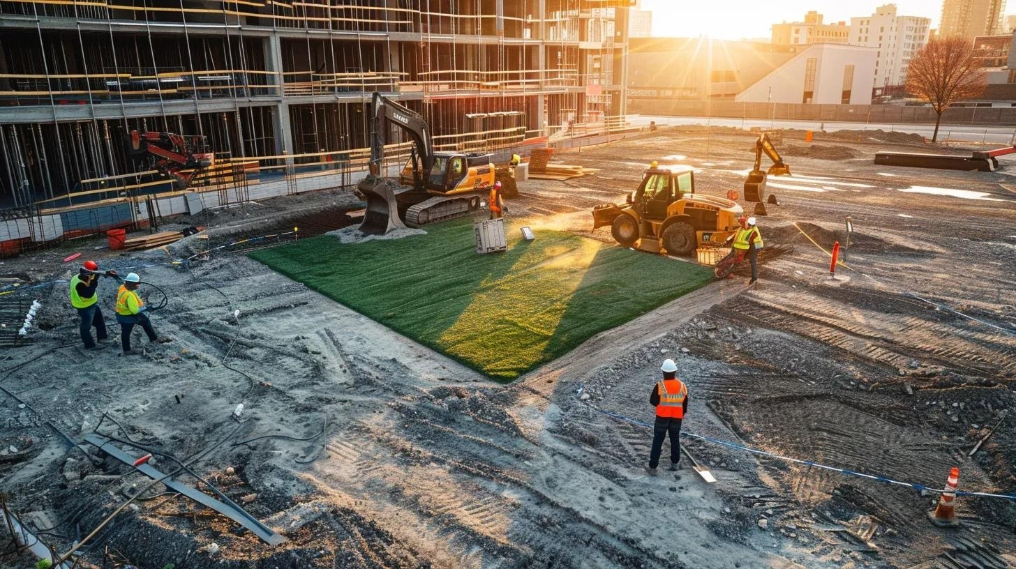 a vibrant urban construction site showcases skilled local contractors installing high-quality artificial turf, emphasizing community engagement and economic growth in a bustling neighborhood setting.