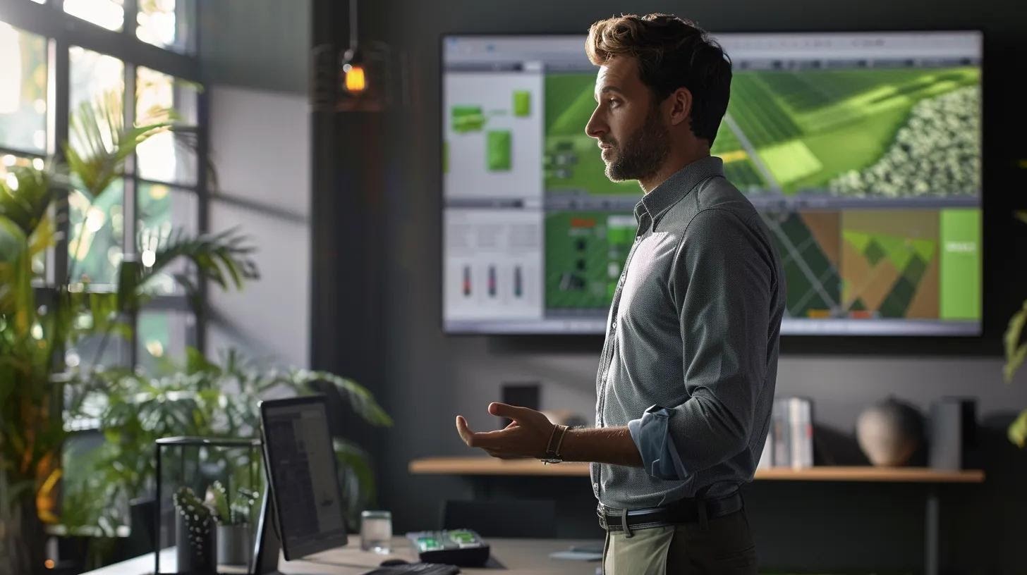 a confident turf specialist engages in a focused discussion with a client in an organized, modern office, showcasing a personalized approach to service with a digital display of turf solutions in the background.