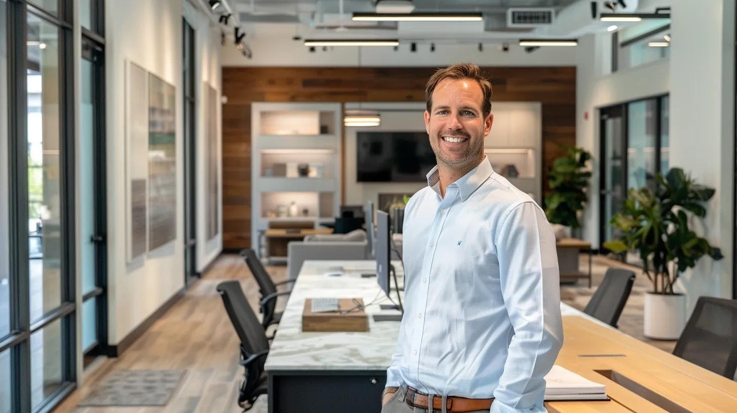 a confident contractor is showcasing a portfolio of completed projects in a sleek, modern office adorned with awards and glowing client testimonials, emphasizing professionalism and high craftsmanship standards.