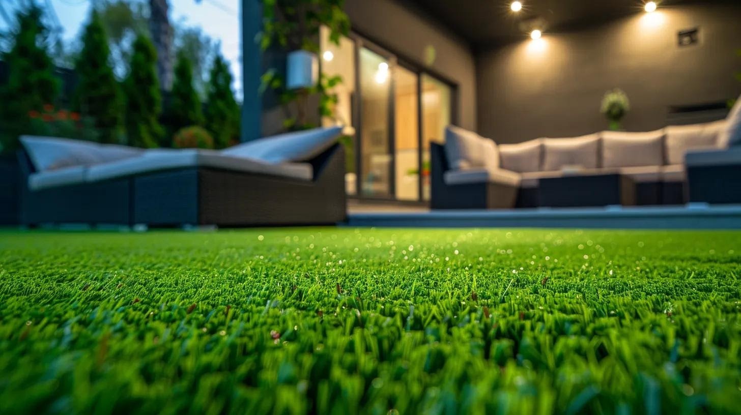 a modern suburban backyard featuring vibrant, freshly installed artificial turf, showcasing a spacious area for children playing and a stylish lounge set, bathed in soft ambient lighting that highlights the low-maintenance appeal and lush aesthetic of synthetic grass.