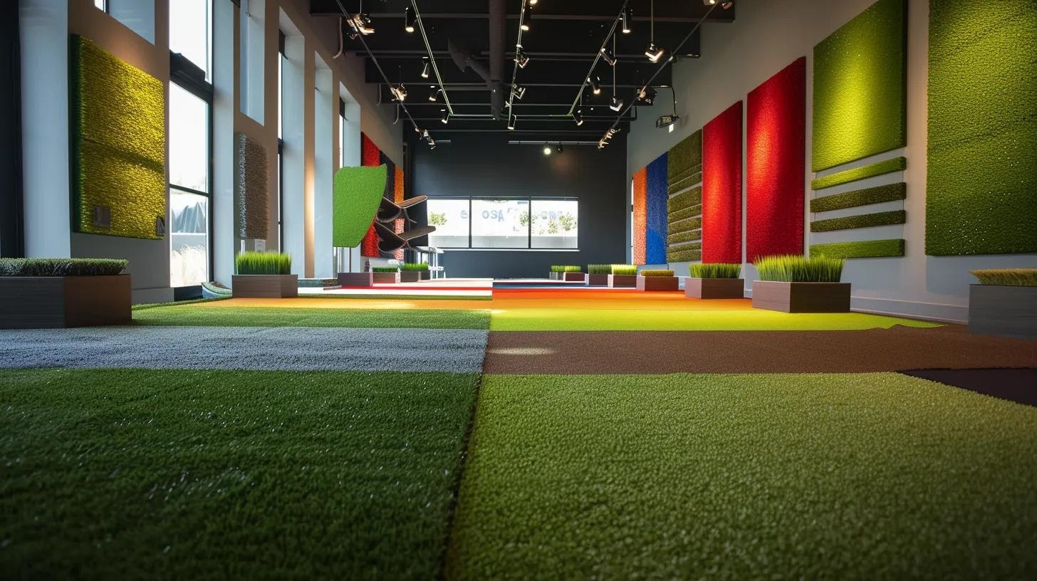 a modern showroom filled with a variety of colorful synthetic turf samples displayed on sleek pedestals, showcasing different pile heights and textures under bright, focused lighting, emphasizing the versatility and aesthetic appeal of artificial lawns for various applications.