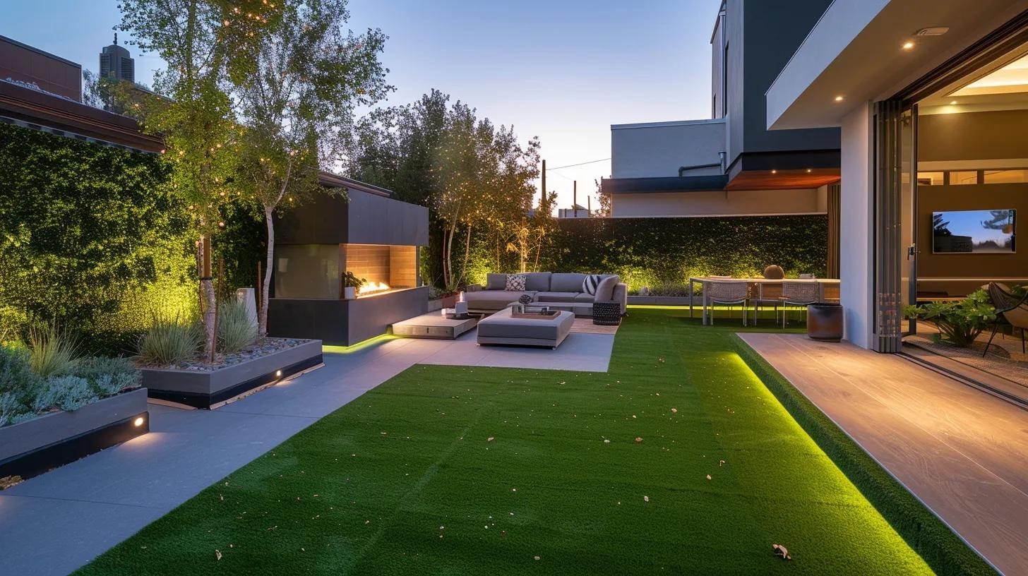 an expert technician meticulously installs vibrant artificial turf in a modern urban backyard, showcasing a step-by-step process with clearly defined zones for site evaluation, ground preparation, and fitting, all under bright, focused lighting.