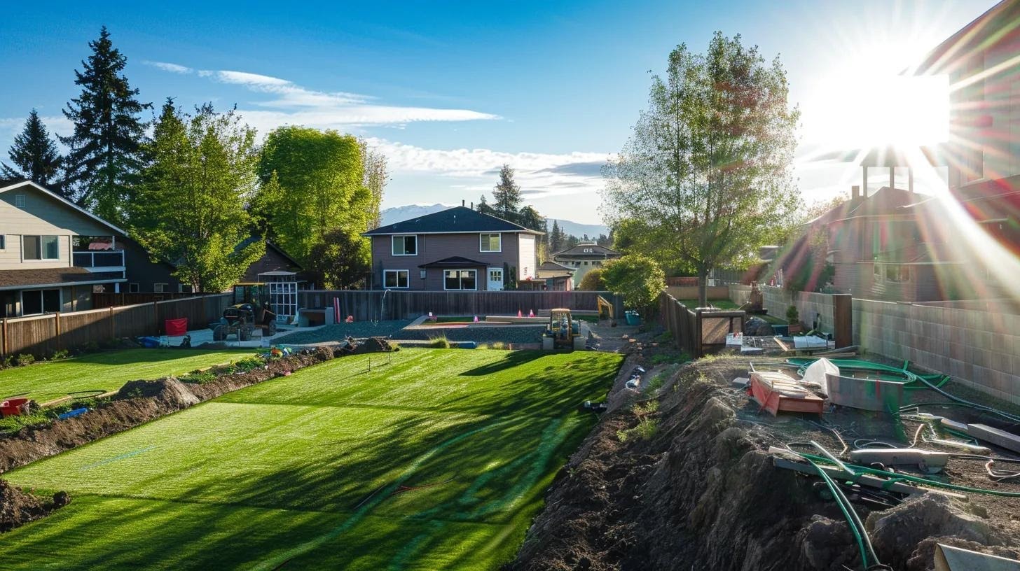 a bustling suburban backyard, freshly cleared of debris and old sod, showcases marked areas for sprinkler systems and utility lines, ready for an efficient artificial turf installation with construction equipment positioned nearby under bright, even lighting.