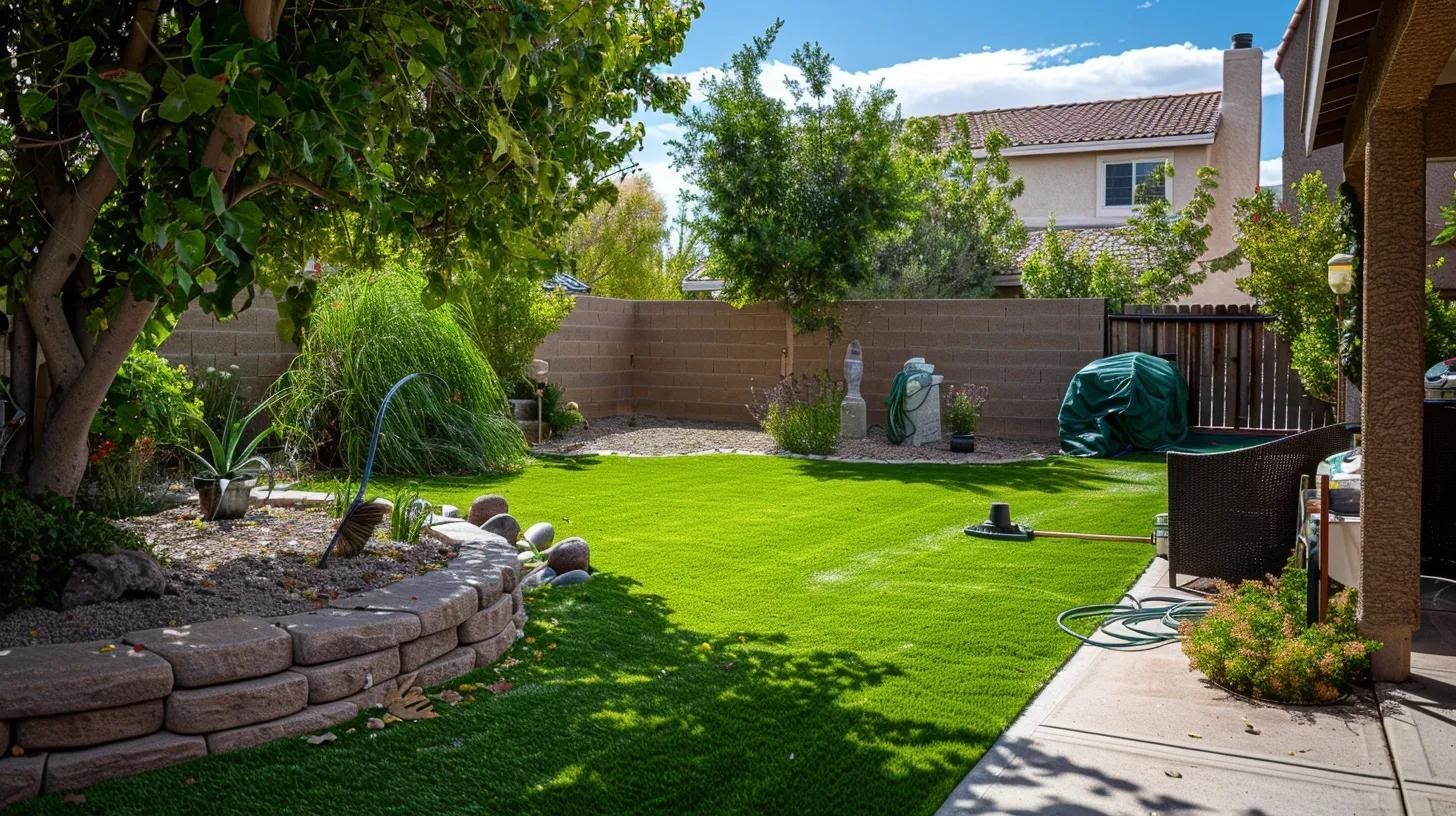 a well-maintained artificial lawn in an upscale backyard setting, showcasing vibrant turf that appears freshly brushed and free of debris, with cleaning tools and a hose neatly arranged nearby, emphasizing the theme of meticulous maintenance and care.