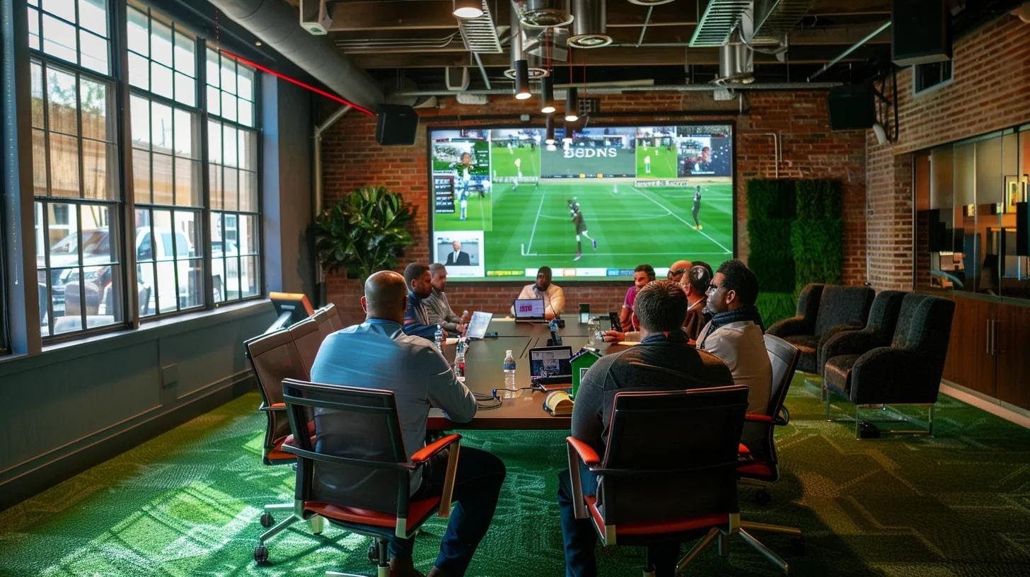 a modern office setting featuring an elegant conference room with a large table, where a diverse team is engaged in a detailed discussion over artificial turf installation proposals, highlighting visual samples of synthetic lawns and comprehensive project portfolios displayed on sleek digital screens.