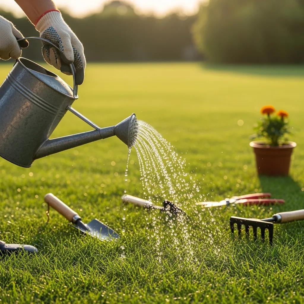 Gardener watering a healthy natural grass lawn with a watering can