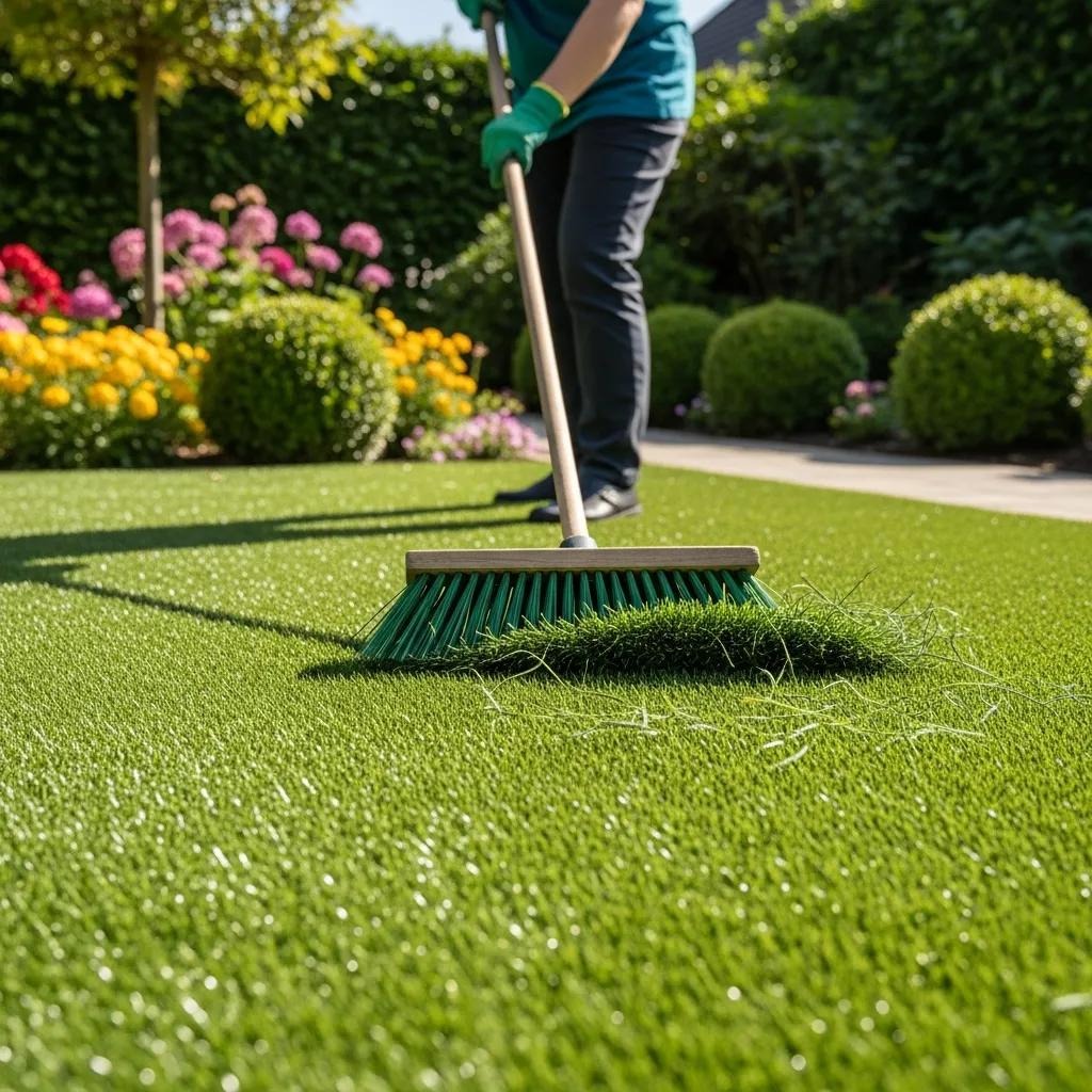 Person brushing synthetic grass in a well-maintained backyard