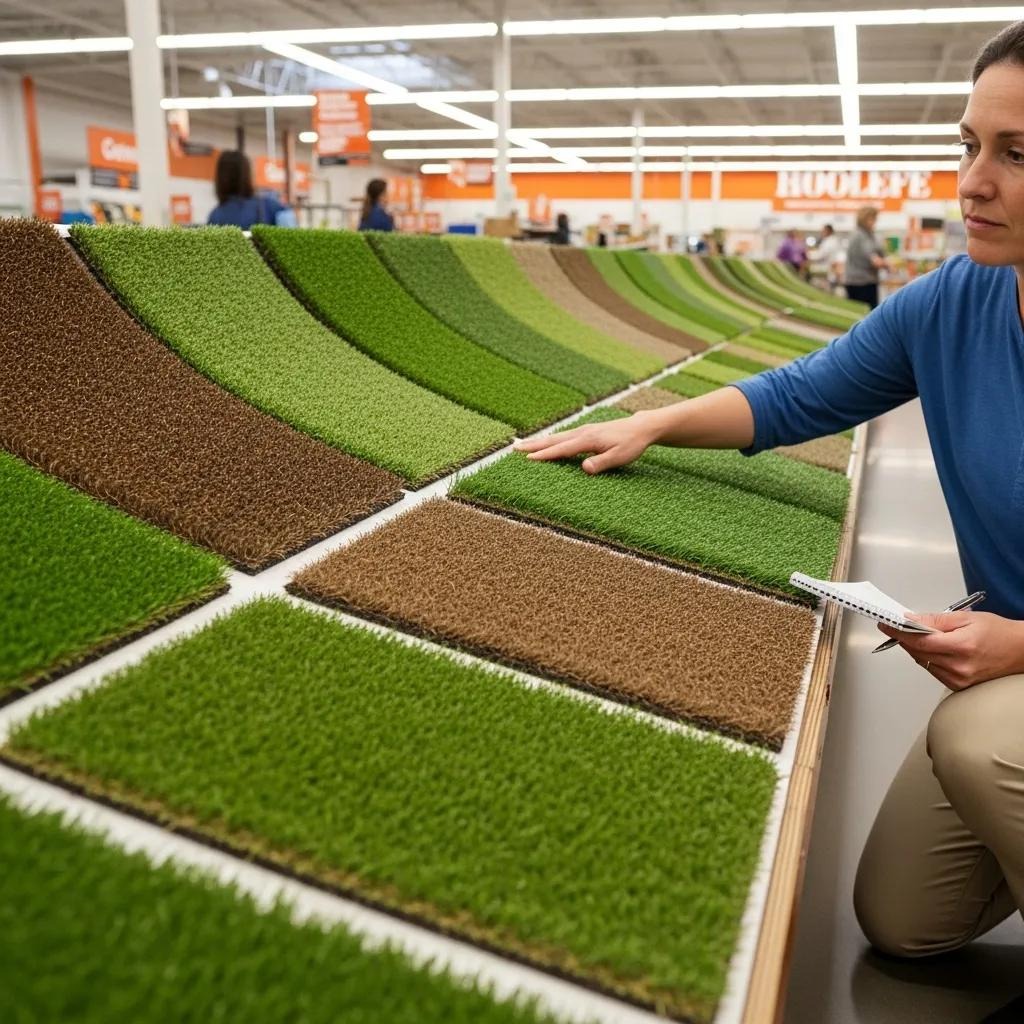 Different types of artificial turf samples for selection at Home Depot