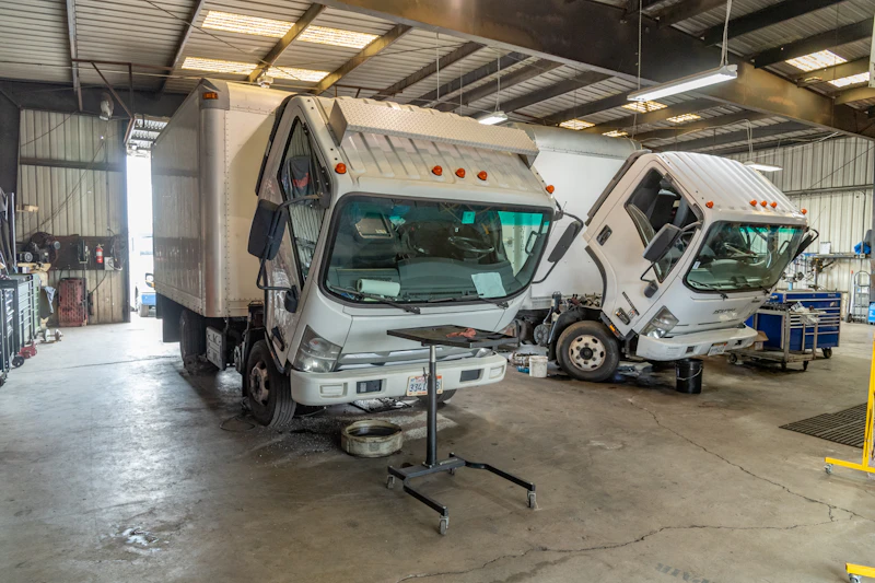 two medium duty trucks with their hood up for repairs 