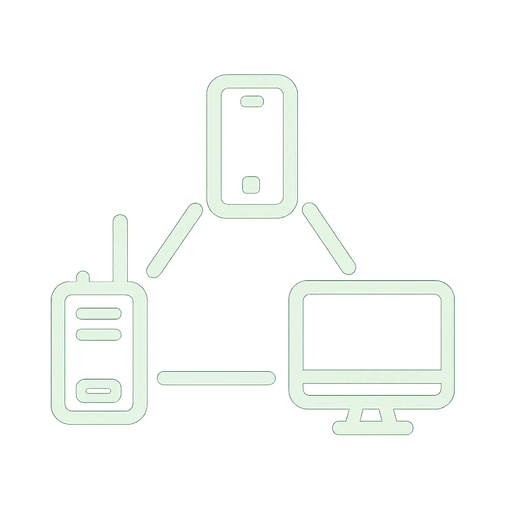 Icon showing two-way radio connected to a smartphone and a PC