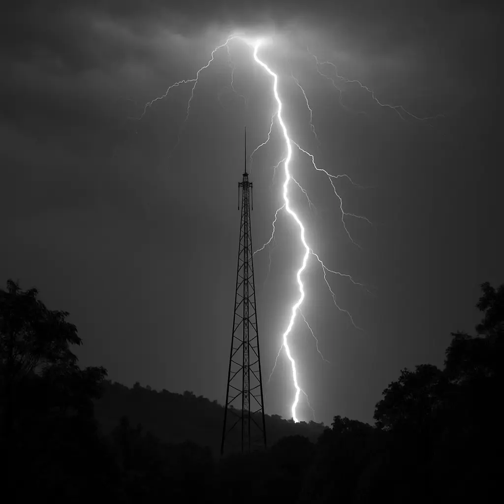 Lightning strikes near a two-way radio tower