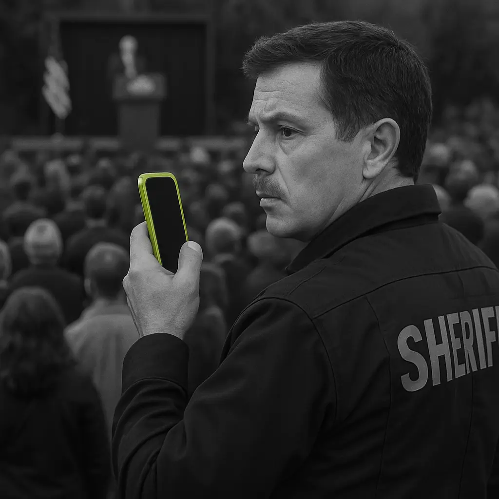 Sheriff's deputy uses push-to-talk on a smartphone at a political event