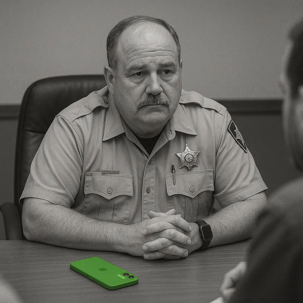 Sheriff in a meeting with a smartphone on the table, green to show his connection to push-to-talk