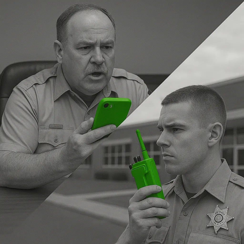 Sheriff uses push-to-talk on a smartphone to speak with a deputy using a two-way radio