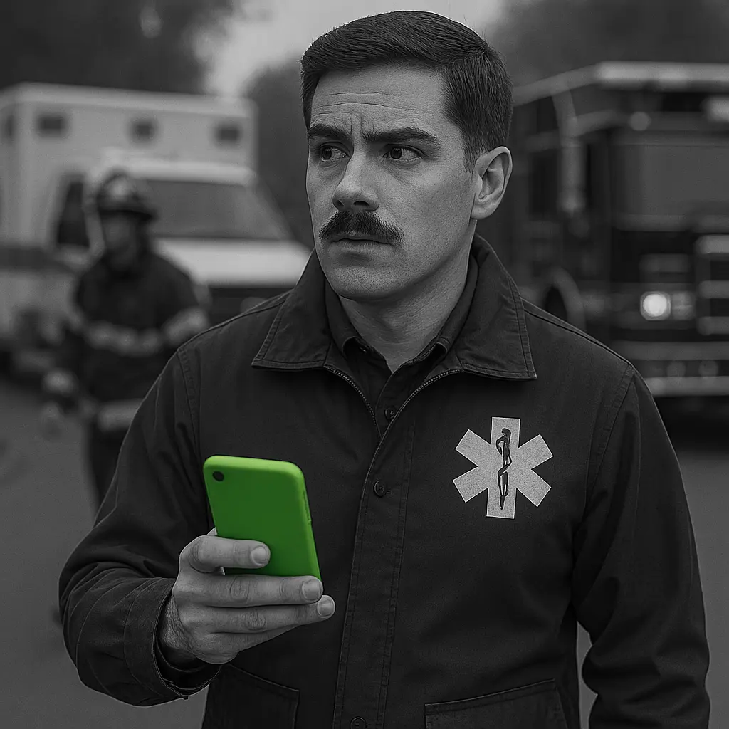EMS paramedic using PTT on a smartphone on scene of an accident