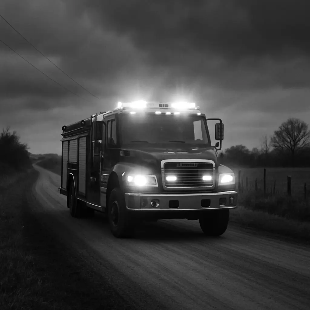 Fire truck driving down country road
