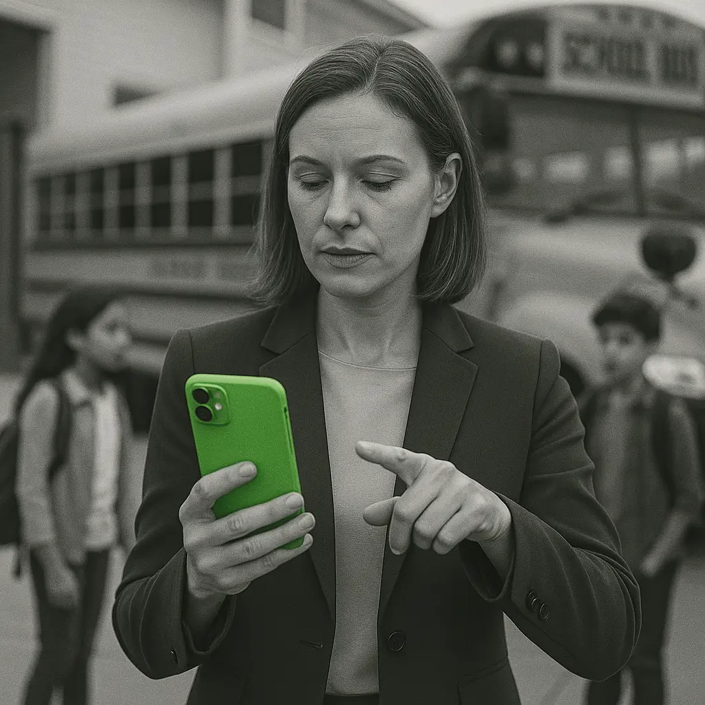 School teacher using PTT on a smartphone in a school car line