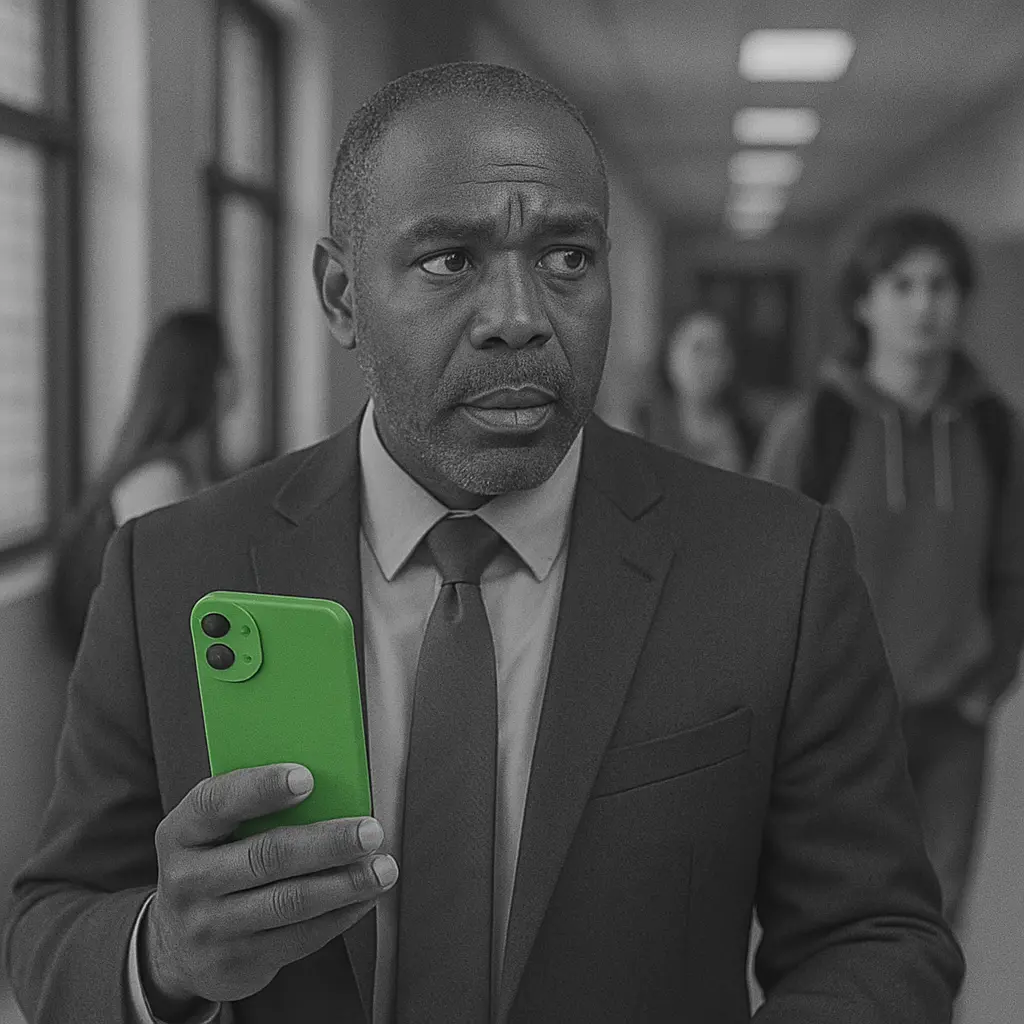 School principal using push-to-talk on a smartphone in a school hallway