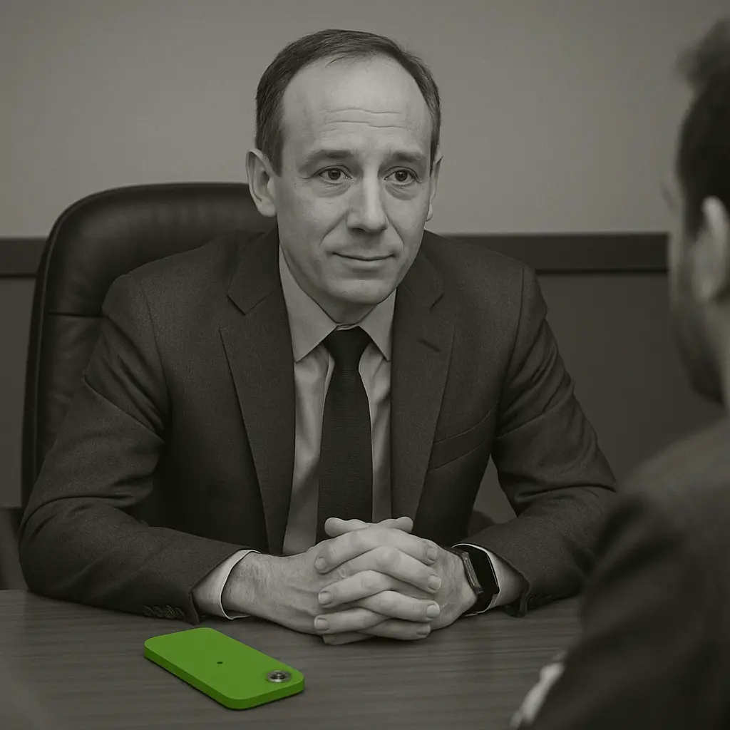 Businessman with a smartphone on the table, green to show his connection to PTT app