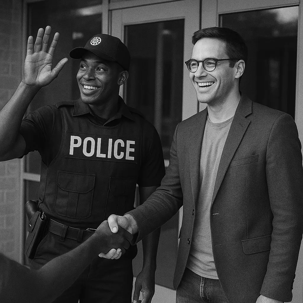 Church greeter and security officer greeting parishioners