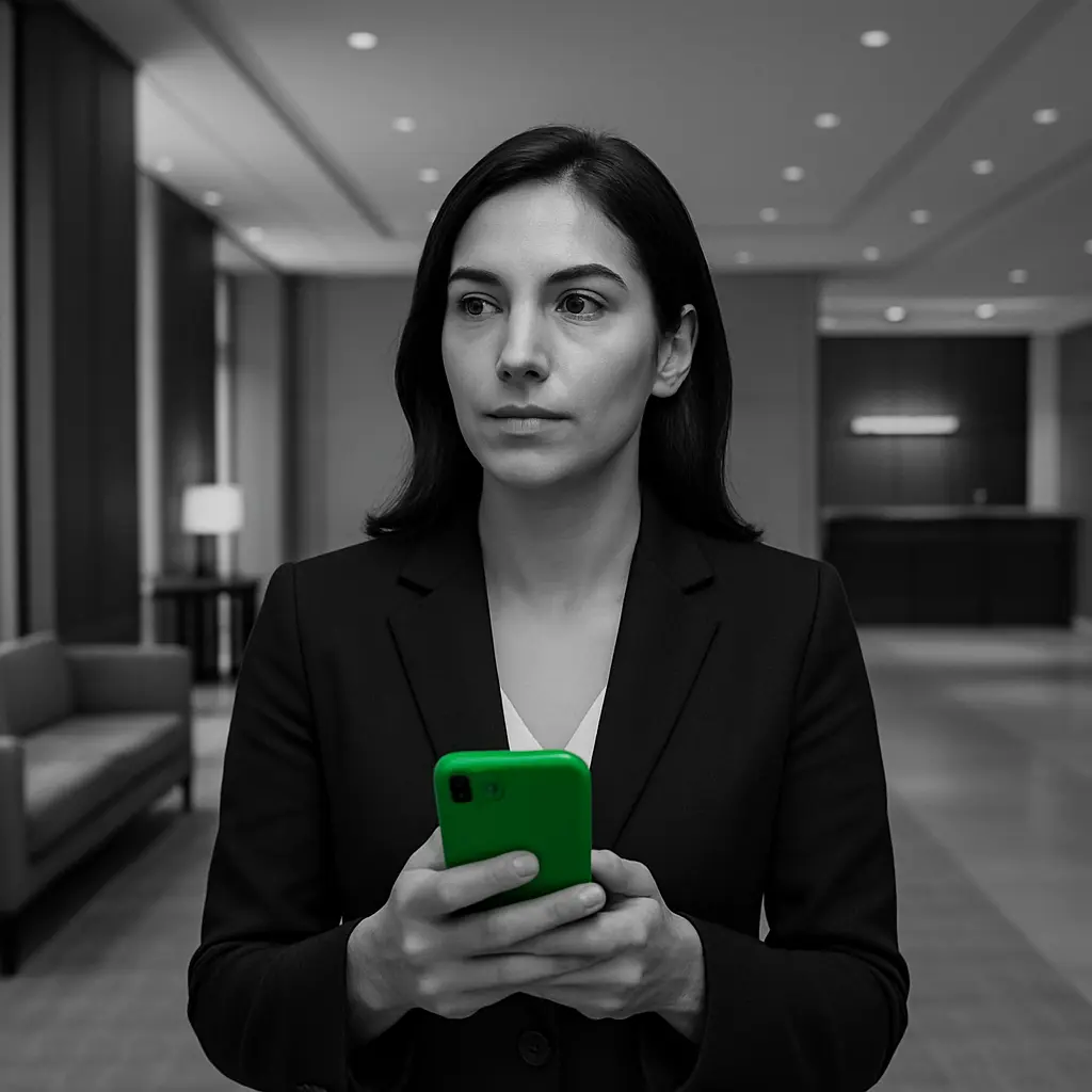 Hotel worker using push-to-talk on a smartphone in a hotel lobby