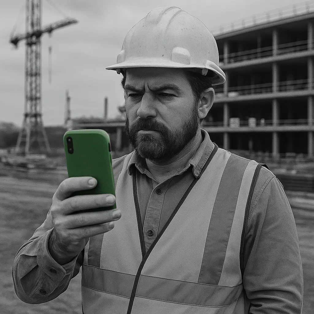 Construction foreman using push-to-talk on his smartphone on a job site