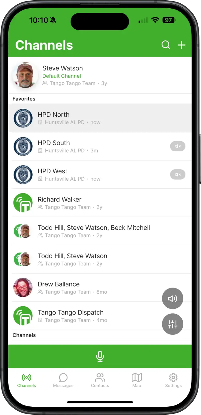 Channels screen in Tango Tango app on a smartphone
