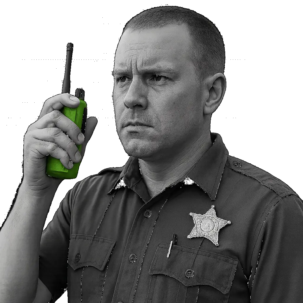 A sheriff's deputy talking on a two-way radio which is tinged green to indicate it is connected to Tango Tango PTT