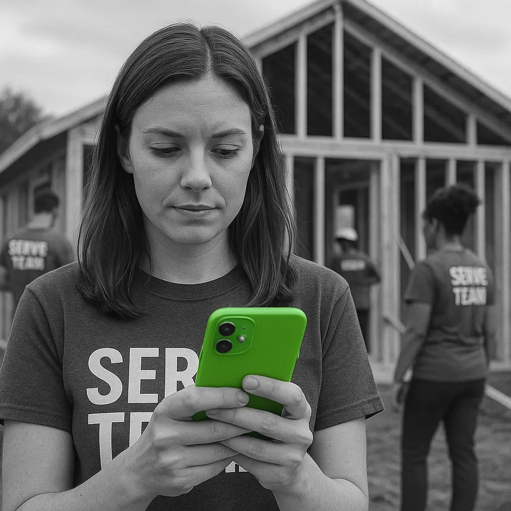 A woman who is member of a Church Serve Team messaging on her smartphone as her team does work in the background