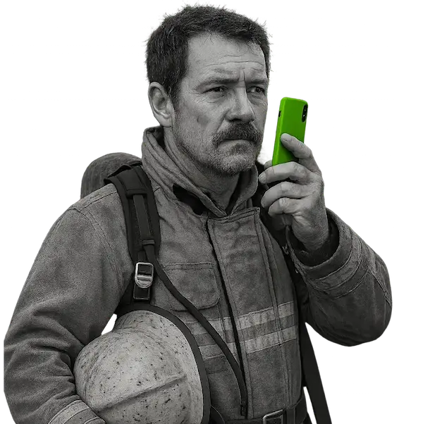 A firefighter using push-to-talk on a smartphone.