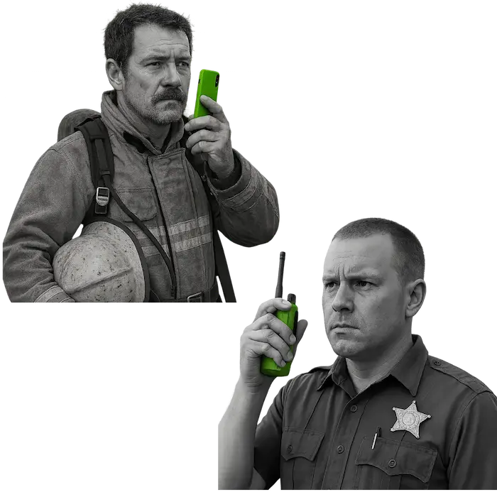 Firefighter using a smartphone to PTT with sheriff's deputy using a two-way radio via Tango Tango PTT app