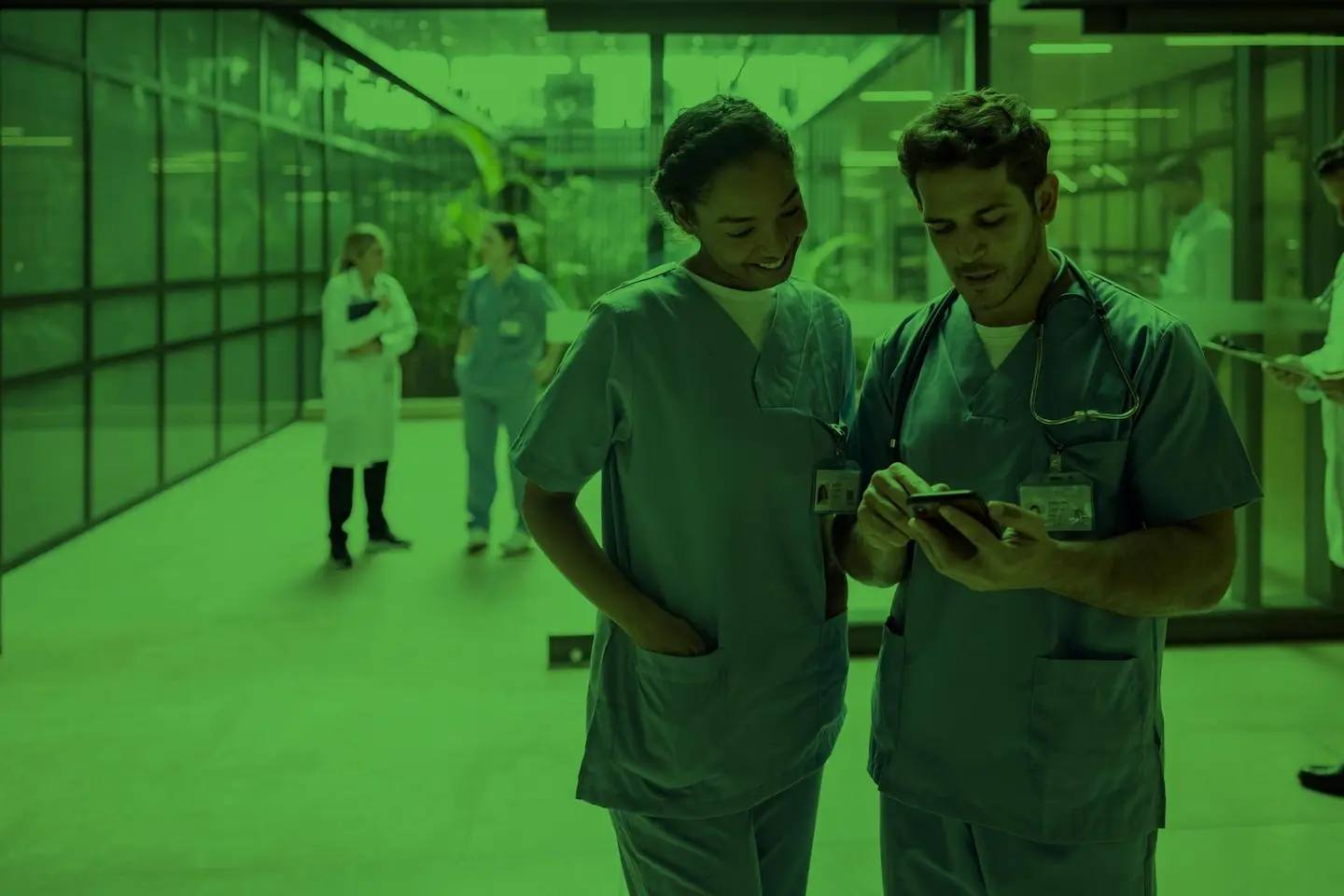 Multi-building hospital campus with care teams coordinating across wings