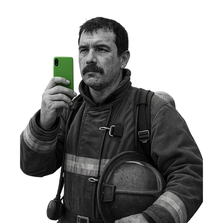 A firefighter using PTT on a smartphone.
