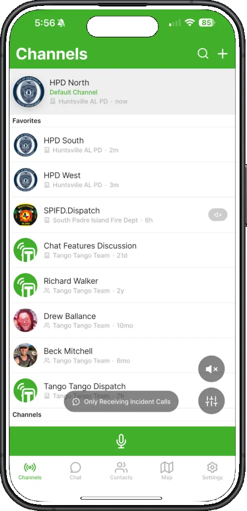 Tango Tango PTT app channels screen