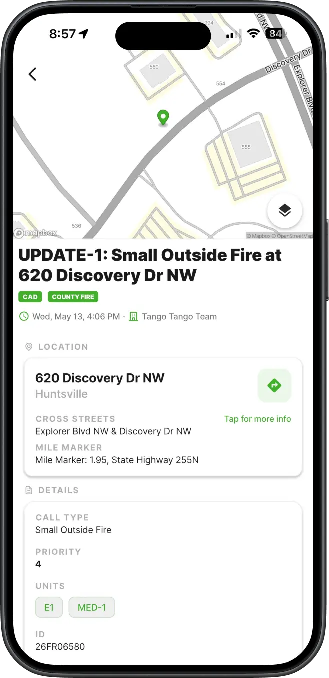 Tango Tango CAD Alert screen showing incident type, address, GPS coordinates, what3words, weather, and driving directions