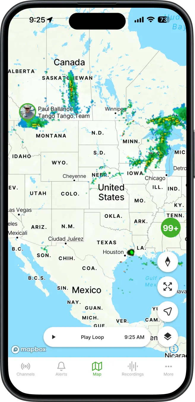 Tango Tango CAD Alert screen showing incident type, address, GPS coordinates, what3words, weather, and driving directions