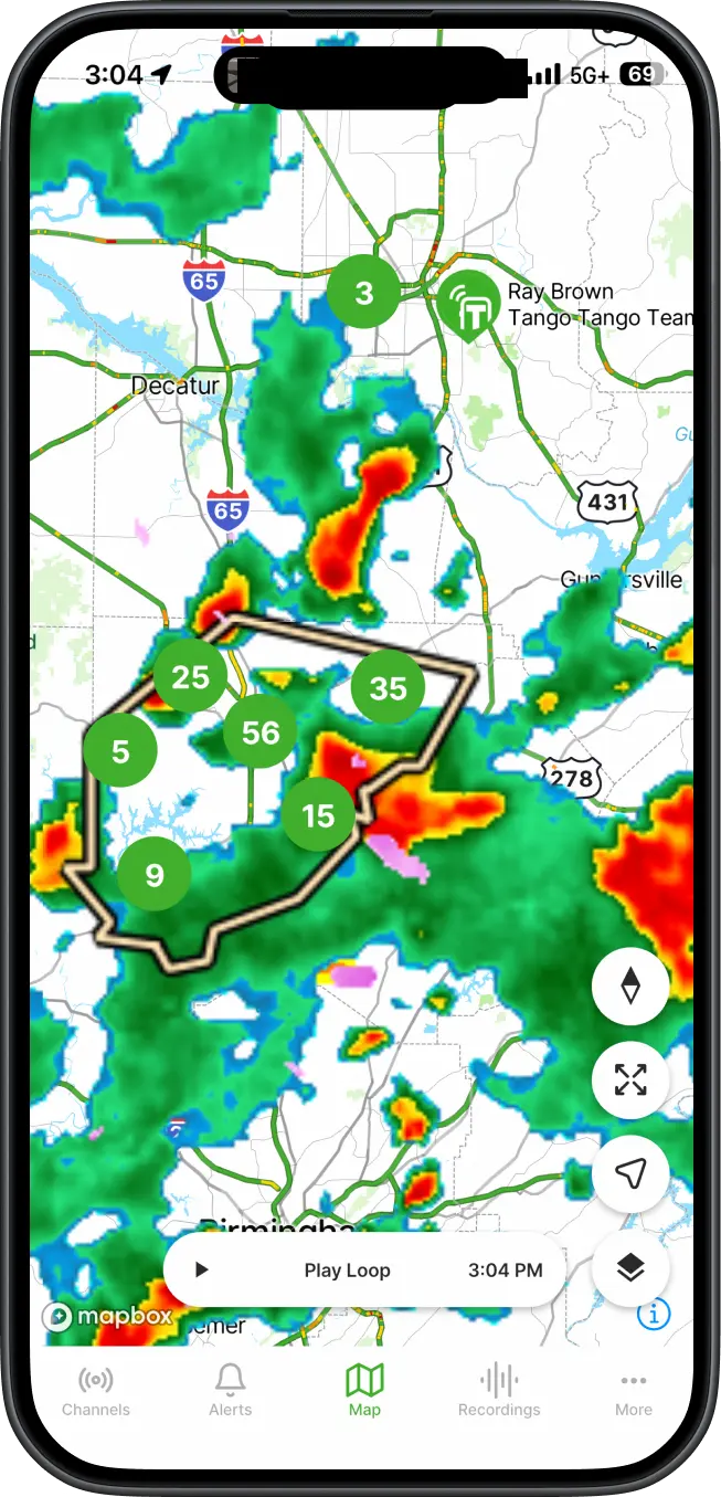 Tango Tango CAD Alert screen showing incident type, address, GPS coordinates, what3words, weather, and driving directions