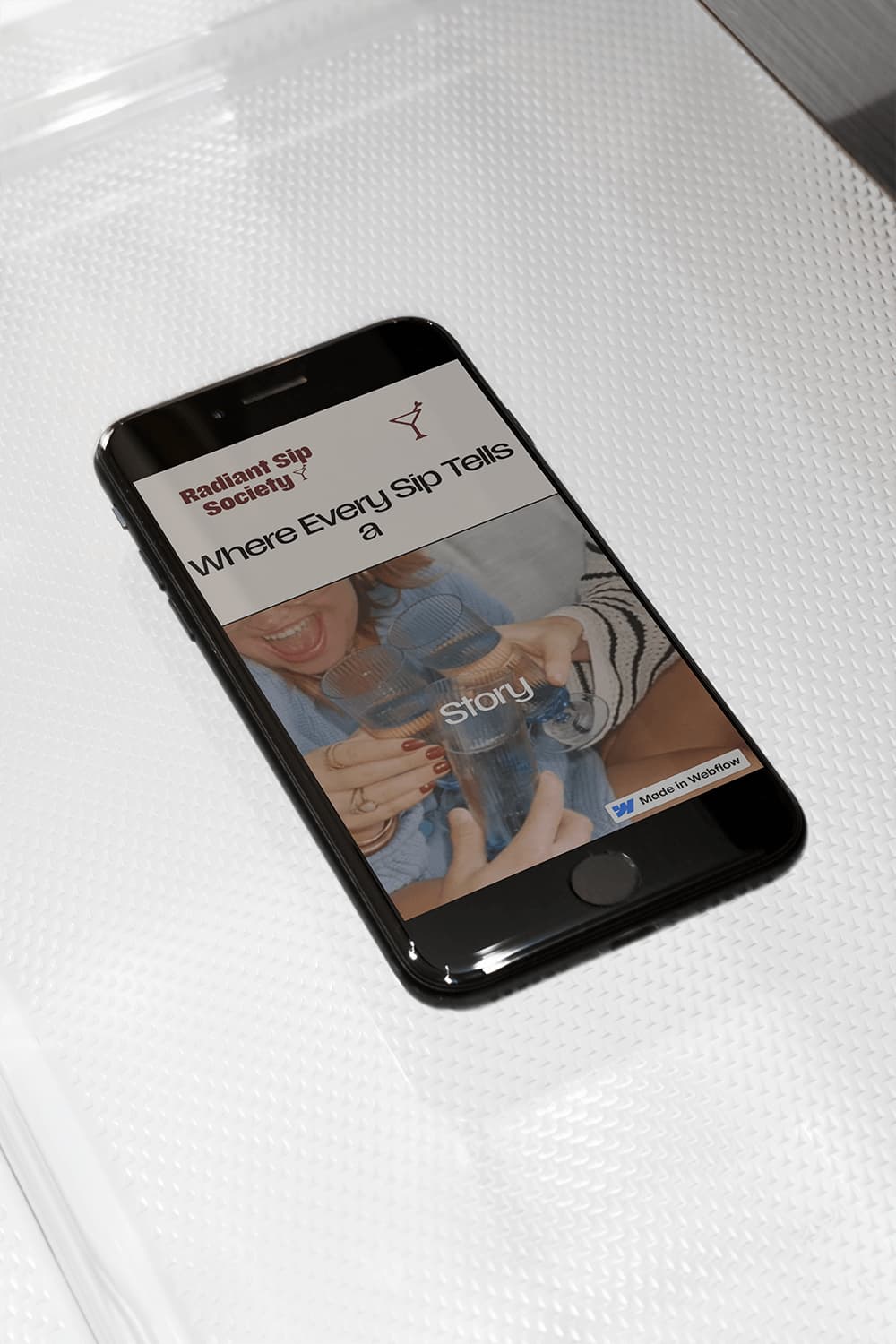 Phone mockup of hero section from Radiant Sip Society website