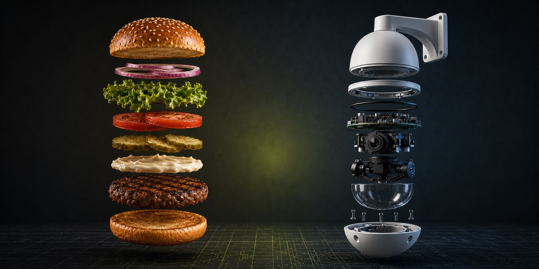 An exploded view of a hamburger's ingredients beside an exploded view of a dome security camera's components, both suspended against a dark background.