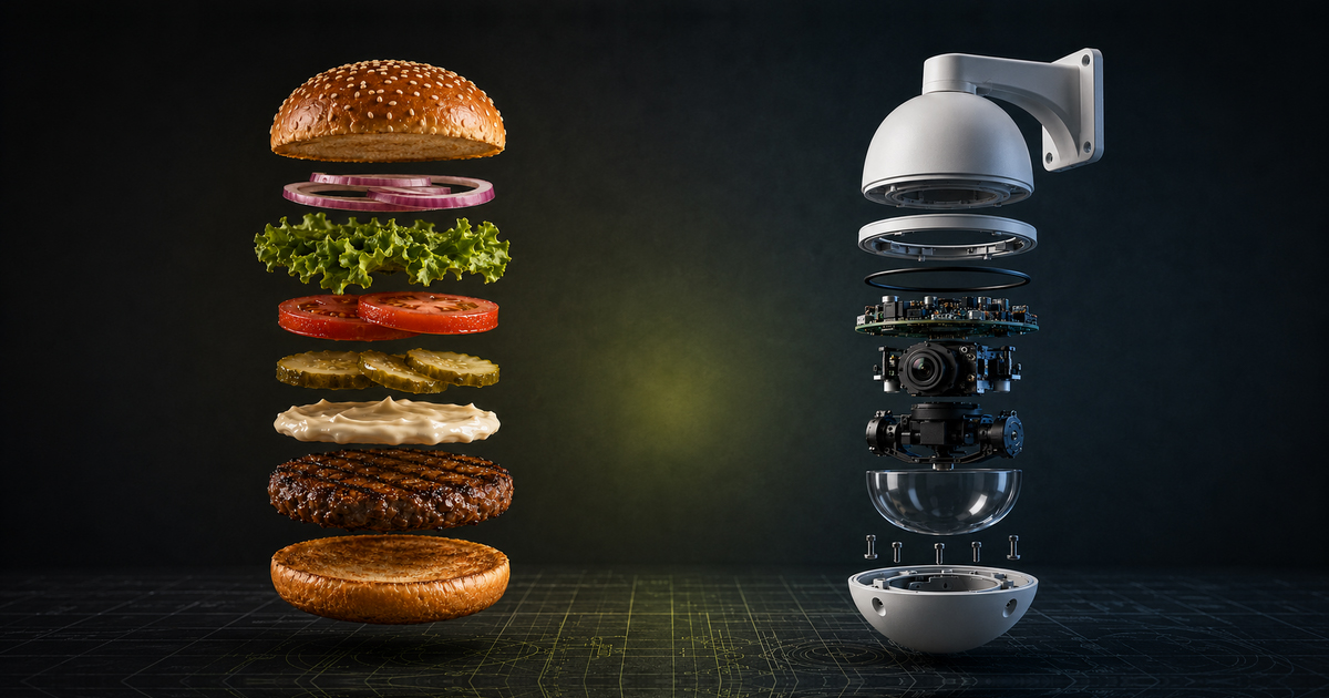 An exploded view of a hamburger beside an exploded view of a dome security camera