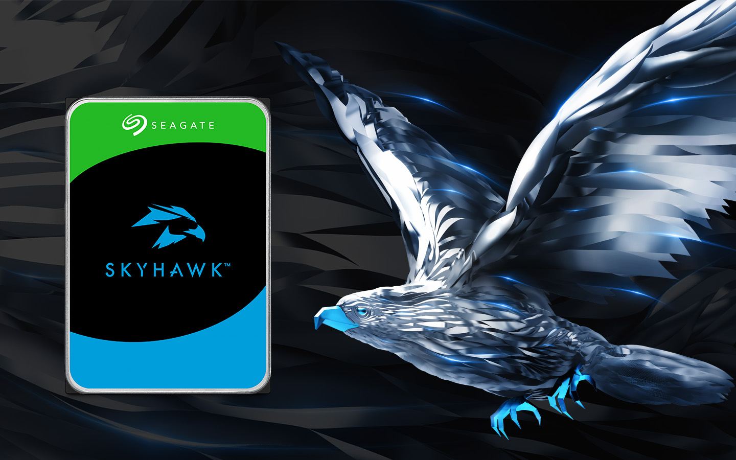Seagate SkyHawk drive beside the SkyHawk brand hawk