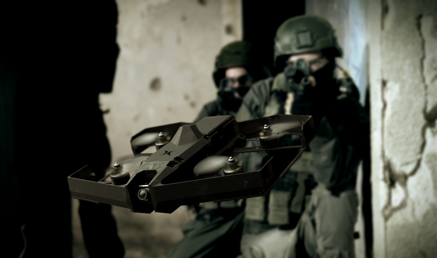 A SKYLORD XTENDER in flight through a doorway ahead of two operators clearing a building